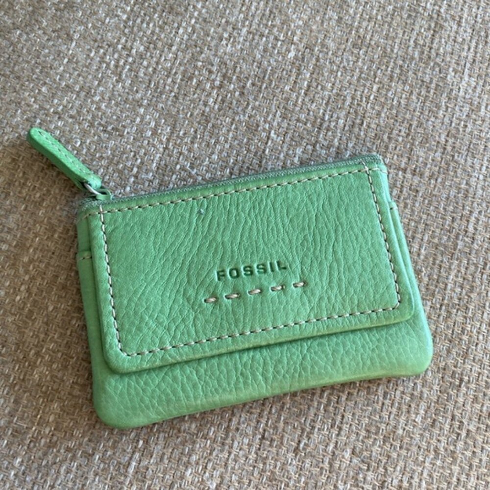 FOSSIL green leather Walter card holder coin purse key ring